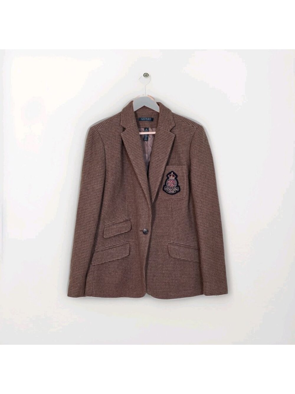 Lauren Ralph Lauren Tweed Crested Blazer Women US 16 Tan Houndstooth Wool Preppy